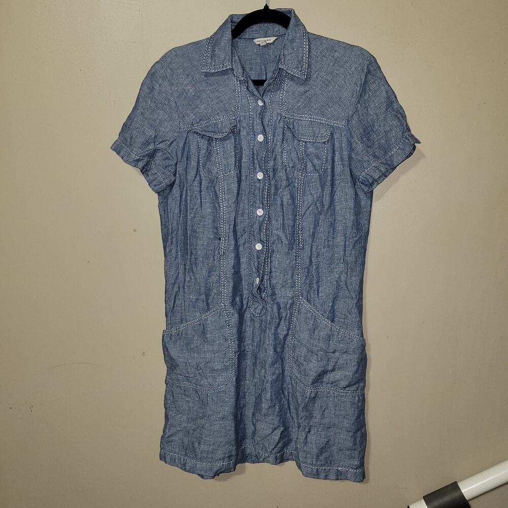 Max Studio Blue 100% Linen Shirt Dress Short Sleeve Contrast‎ Stitch 6905L65A M